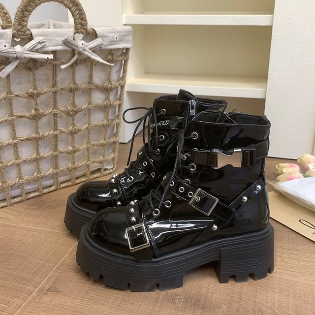 Platform Buckled Studded Patent Leather Lace Up Boots