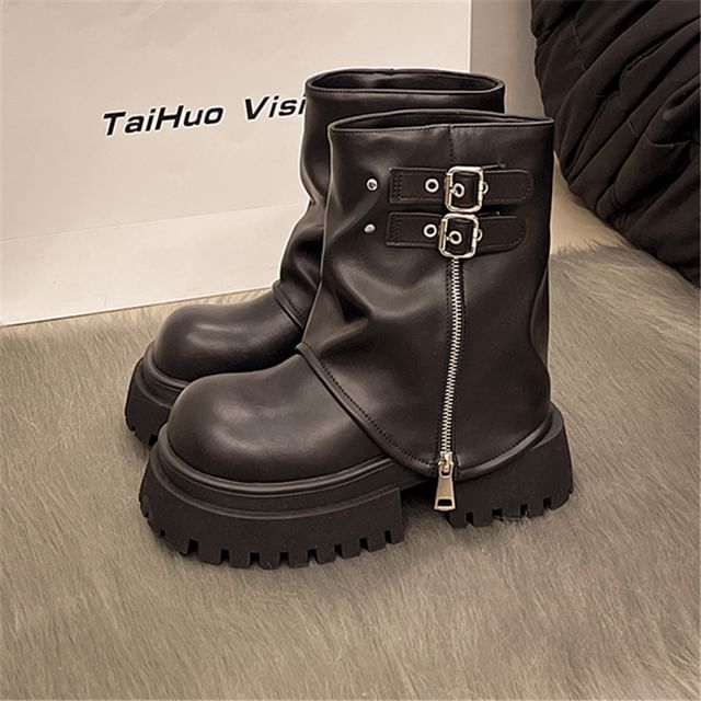 Platform Buckled Zip Panel Short Boots