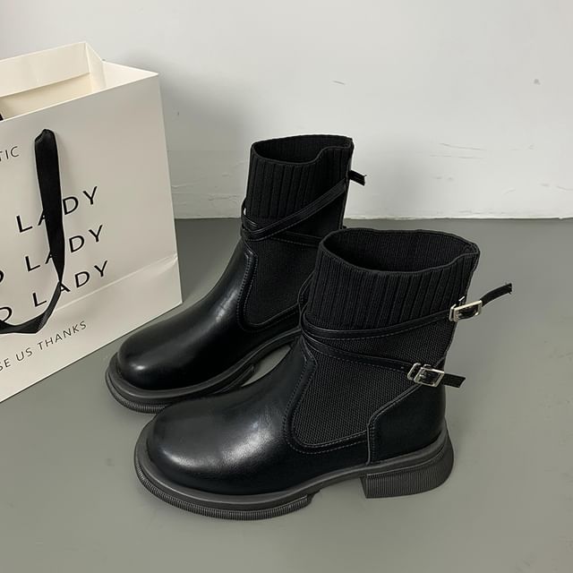 Platform Buckled Panel Knit Short Boots