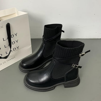Platform Buckled Panel Knit Short Boots