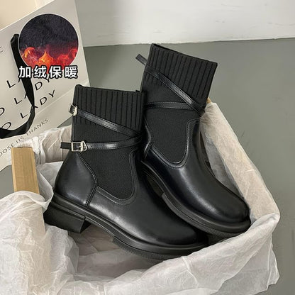 Platform Buckled Panel Knit Short Boots