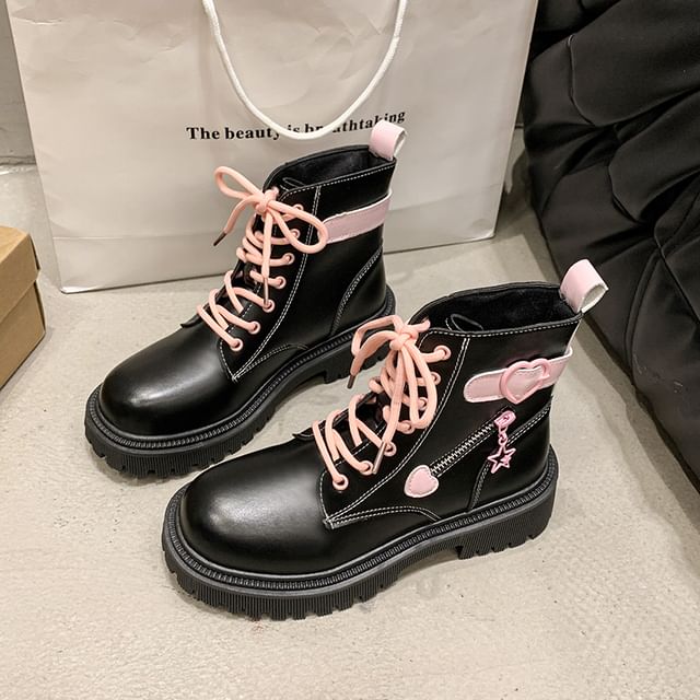 Platform Buckled Panel Lace Up Short Boots