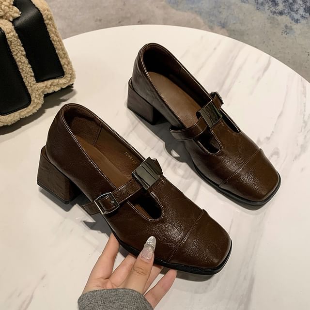 Square Cap Toe Block Heel T-Strap Pumps