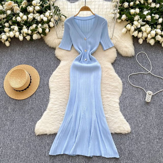 Elbow Sleeve V-Neck Half-Button Solid Knit Mermaid Dress