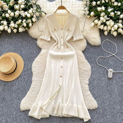 Three-Quarter Sleeve V-Neck Ruffle Trim Button Front Knit Full-Length Gown