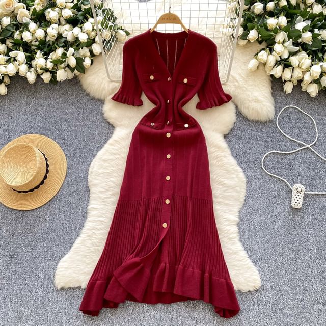 Three-Quarter Sleeve V-Neck Ruffle Trim Button Front Knit Full-Length Gown