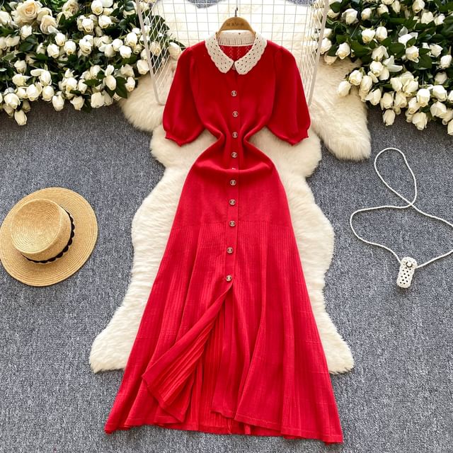 Three-Quarter Sleeve Contrast Collar Button Front Knit Maxi Dress