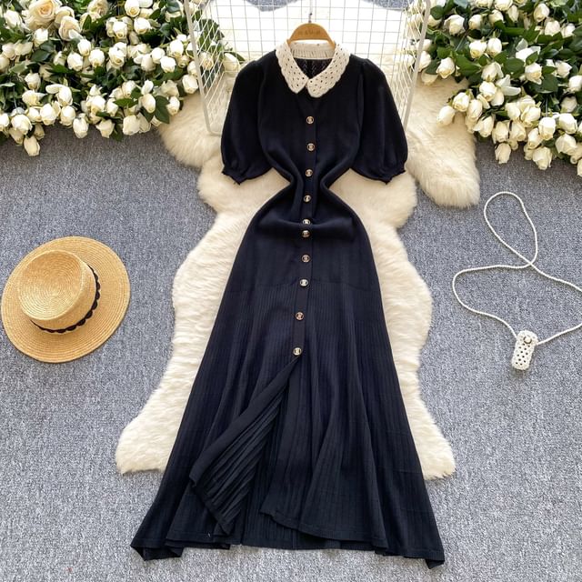 Three-Quarter Sleeve Contrast Collar Button Front Knit Maxi Dress
