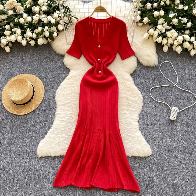 Elbow Sleeve V-Neck Half-Button Solid Knit Mermaid Dress