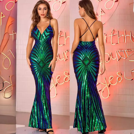 Thin Strap V-Neck Sequin Full-Length Mermaid Gown