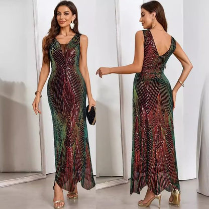Sleeveless V-Neck Sequin Maxi Sheath Gown