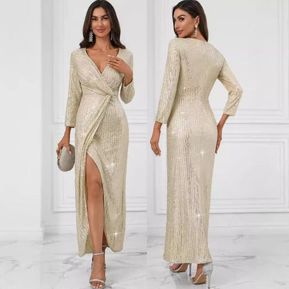 Long Sleeve V-Neck Sequin Maxi Fitted Dress