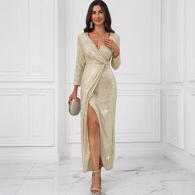 Long Sleeve V-Neck Sequin Maxi Fitted Dress