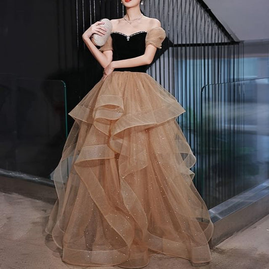 Evening Shoulder Off Velvet Gown Glitter A-Line Plain The