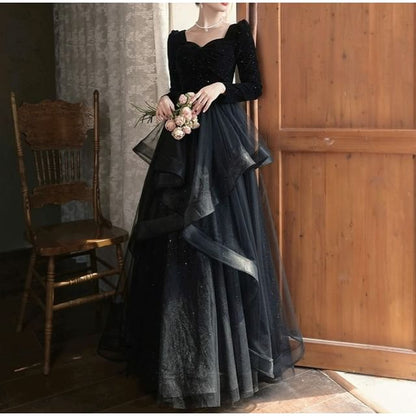 Neck Gown Glitter Long-Sleeve A-Line Evening Plain Sweetheart