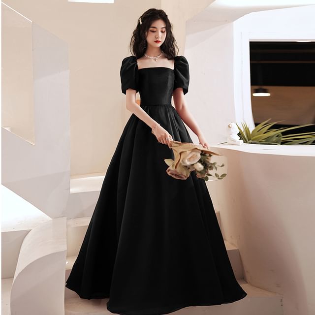 Puff Sleeve Square Neck Plain Maxi A-Line Evening Gown