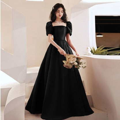 Puff Sleeve Square Neck Plain Maxi A-Line Evening Gown