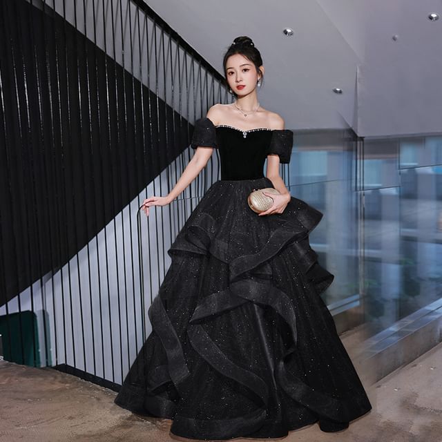 Off The Shoulder Plain Velvet Glitter A-Line Evening Gown