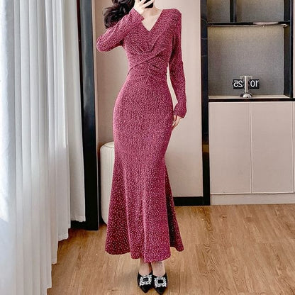 Long Sleeve V-Neck Rhinestone Ruched Floor-Length Mermaid Dress
