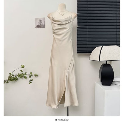 Satin Sleeveless Cowl-Neck Slited Cocktail Dress