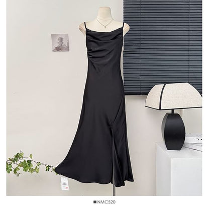 Satin Sleeveless Cowl-Neck Slited Cocktail Dress