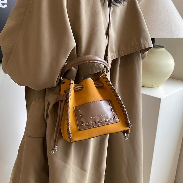 Faux Drawstring Applique Bag Bucket Leather