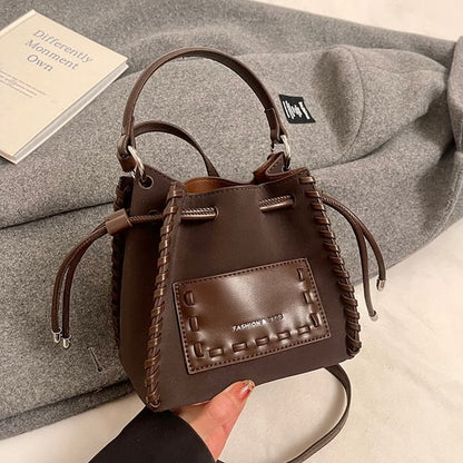 Faux Drawstring Applique Bag Bucket Leather