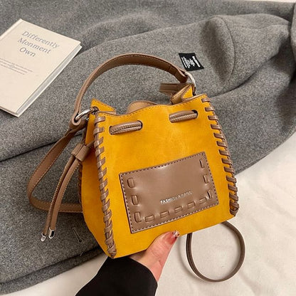 Faux Drawstring Applique Bag Bucket Leather