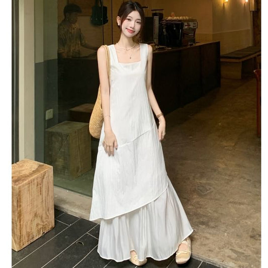 Sleeveless Square Neck Asymmetrical Plain A-Line Maxi Dress