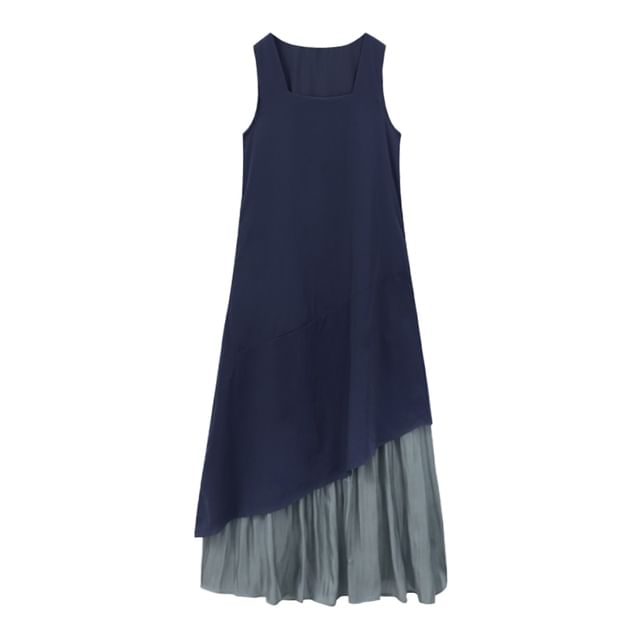 Sleeveless Square Neck Asymmetrical Plain A-Line Maxi Dress
