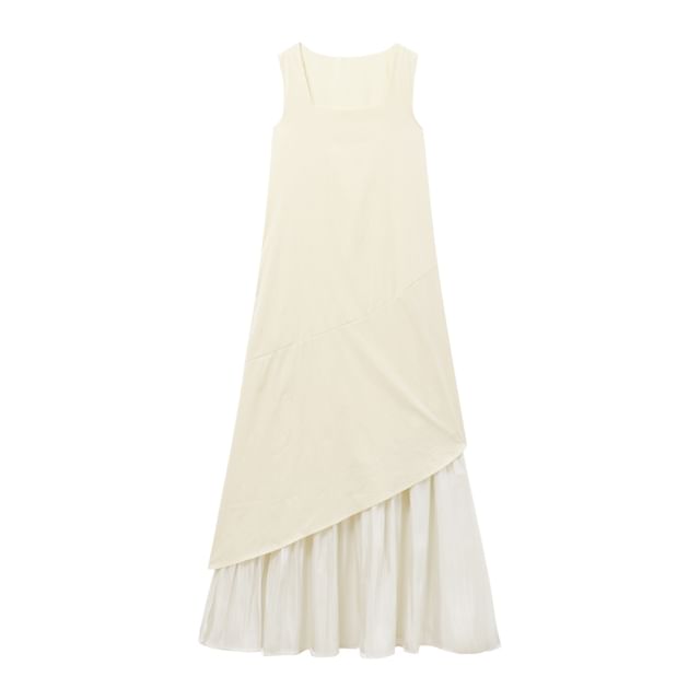 Sleeveless Square Neck Asymmetrical Plain A-Line Maxi Dress