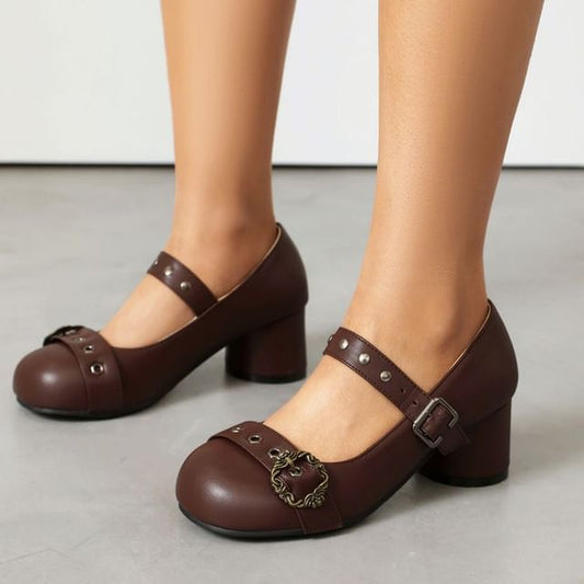 Chunky Heel Studded Buckled Faux Leather Mary Jane Pumps