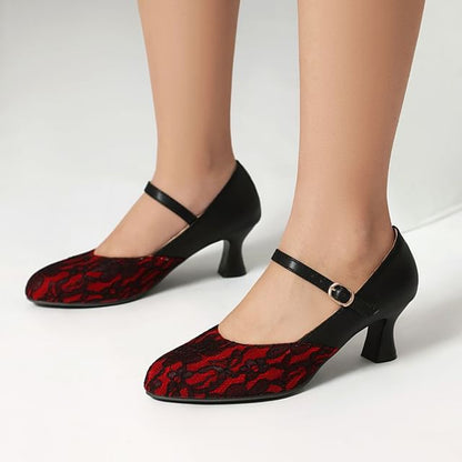 High Heel Lace Panel Buckled Mary Jane Pumps