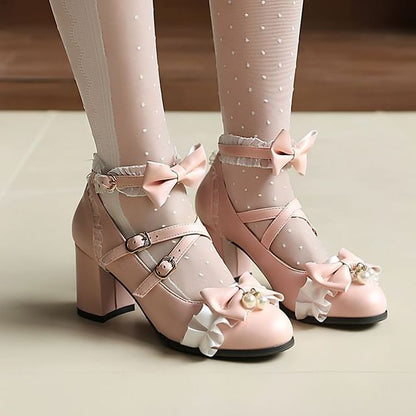 Chunky Heel Ankle Strap Faux Pearl Bow Frill Trim Mary Jane Pumps