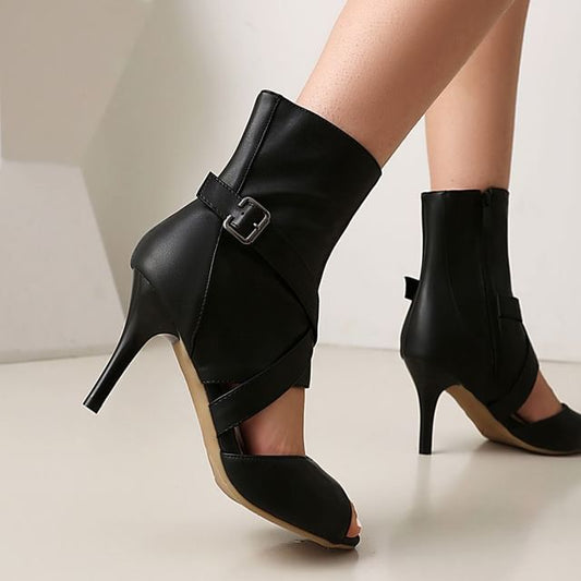 Stiletto Peep Toe Plain Buckled Faux Leather Short Boots
