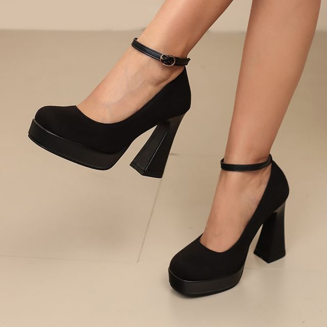 Chunky Heel Ankle Strap Plain Pumps