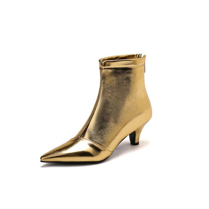 Kitten Heel Pointed Toe Metallic Faux Leather Short Boots