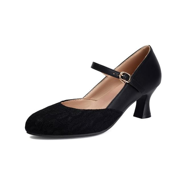High Heel Lace Panel Buckled Mary Jane Pumps