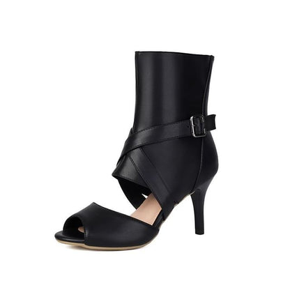 Stiletto Peep Toe Plain Buckled Faux Leather Short Boots