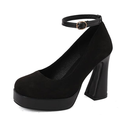 Chunky Heel Ankle Strap Plain Pumps