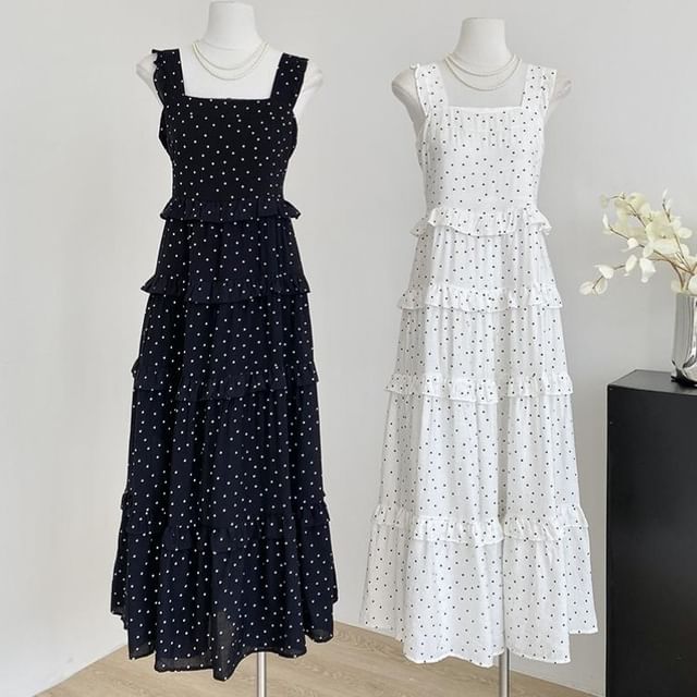Thin Strap Polka Dot Print Ruffled Trim Maxi Gown