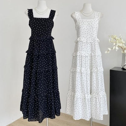 Thin Strap Polka Dot Print Ruffled Trim Maxi Gown