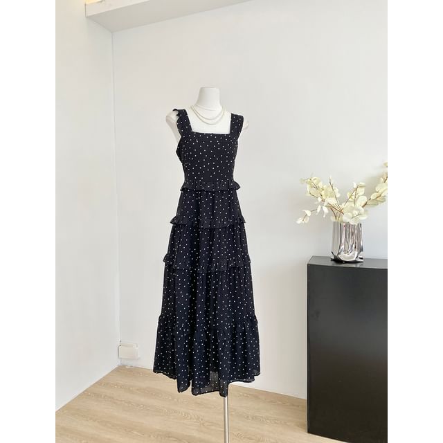 Thin Strap Polka Dot Print Ruffled Trim Maxi Gown
