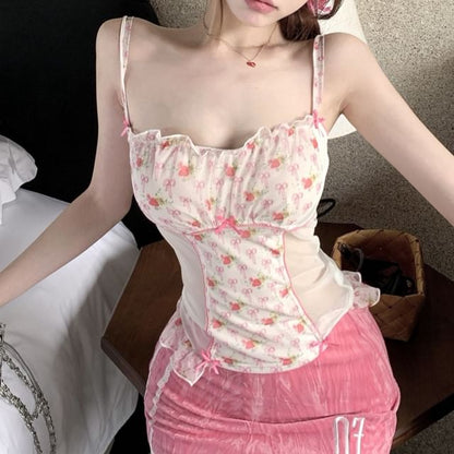 Floral Bow Print Mest Panel Ruffle Camisole Top / High Rise Patterned Lace Trim Mini Pencil Skirt