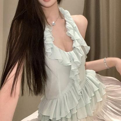 Scoop Neck Plain Ruffle Asymmetrical Halter Top / High Rise Mini A-Line Skirt