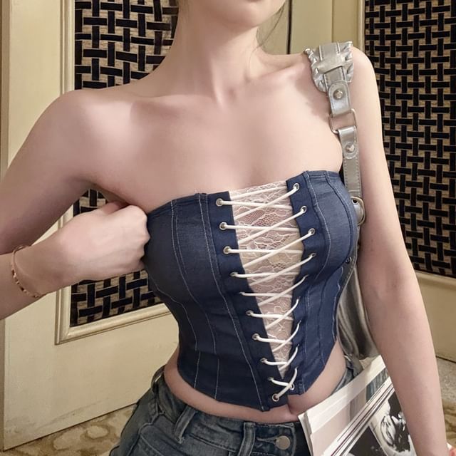 Striped Lace Panel Lace-Up Denim Tube Top
