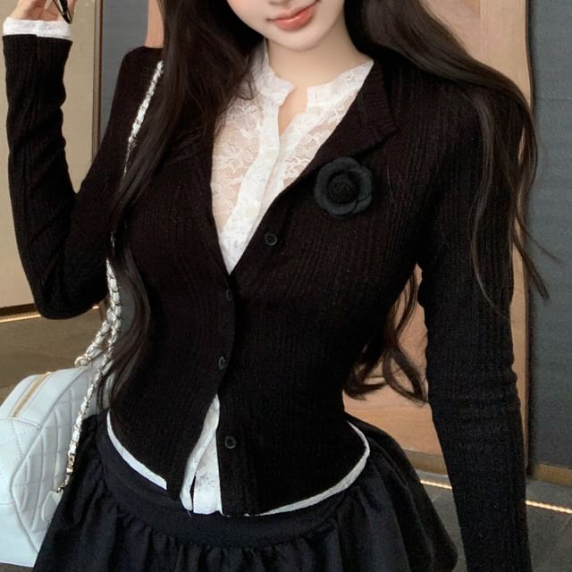 Plain Lace Trim Mock Two-Piece Ribbed Slim Fit Cardigan