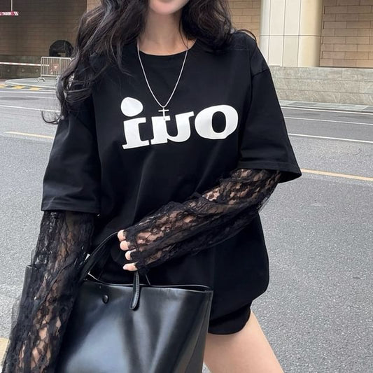 Mock Two-Piece Long-Sleeve Crew Neck Lettering Lace Panel Tee