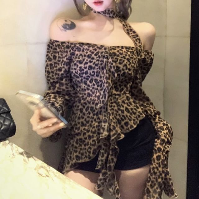 Choker-Neck Long-Sleeve Leopard Print Asymmetrical Ruffled Blouse