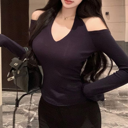 Cold-Shoulder Long-Sleeve Plain Tee